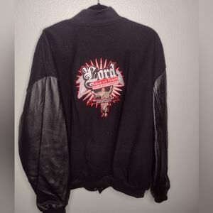 Bishop Wool Leather Varsity Jacket XL Lord Save Us Embroidered Bomber Black